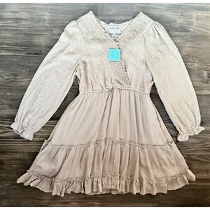 NWT Hayden Los Angeles Beige Tan Lace Ruffles Dress Size Large‎ cinch waist